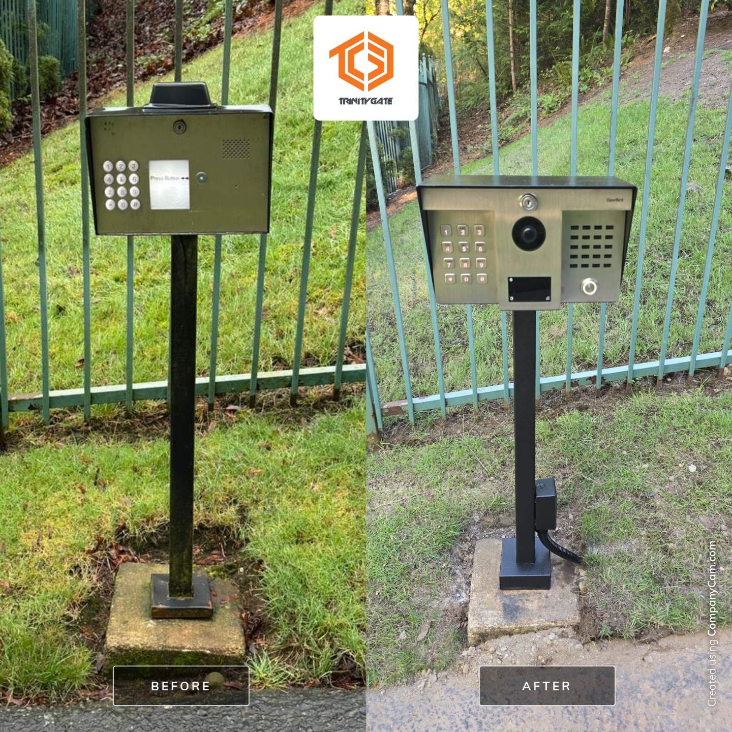 Before and after of a gate keypad entry pedestal upgraded to a DoorBird video intercom