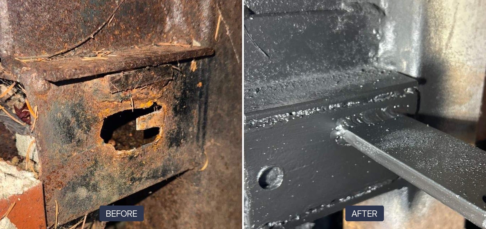 Before and after of a rusted gate bracket replaced with new steel hardware